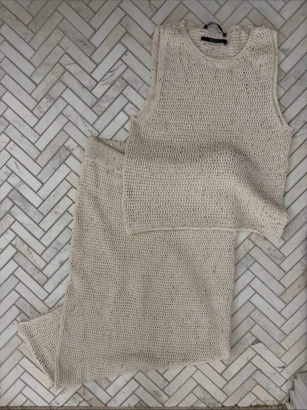 Mango Cream Knit Two-Piece Set - Sleeveless Top & Skirt